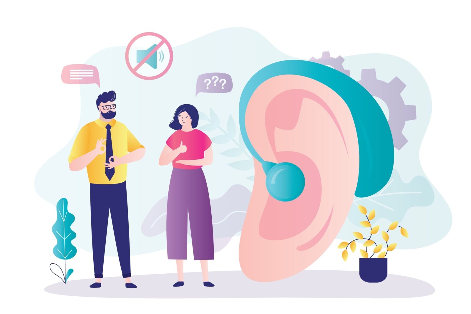 Hearing aids. Image concept of people standing next to a big ear with hearing aid.