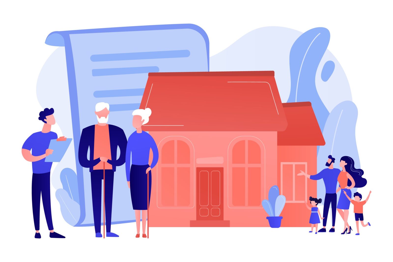 Hearing Loss. Property insurance, testament signing, house buying. Retirement estate planning, inheritance planning, financial advisor and lawyer services concept. Pink coral blue vector isolated illustration.