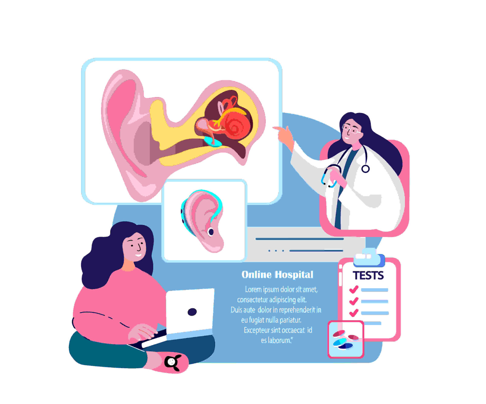 Are You Ready for Hearing Aids? Here's How to Tell. Online Audiologist ENT-Doctor Consultate Patient.Inflammation Ear.Hearing Anatomy Structure.Otitis Pain,Digital Eardrum Treatment.ORL Clinic. Internet Medical Hospital Diagnostics. Vector Illustration.